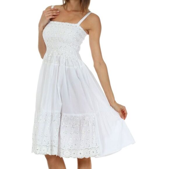 Sakkas Sequin Embroidered Smocked Bodice Knee Length Dress - White - One Size - Picture 7 of 12